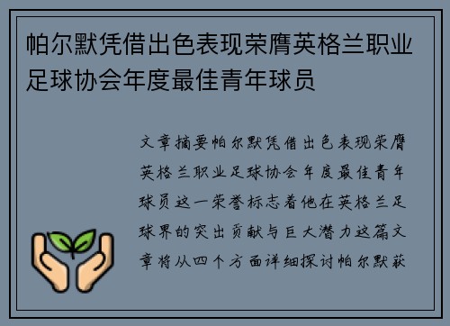 帕尔默凭借出色表现荣膺英格兰职业足球协会年度最佳青年球员